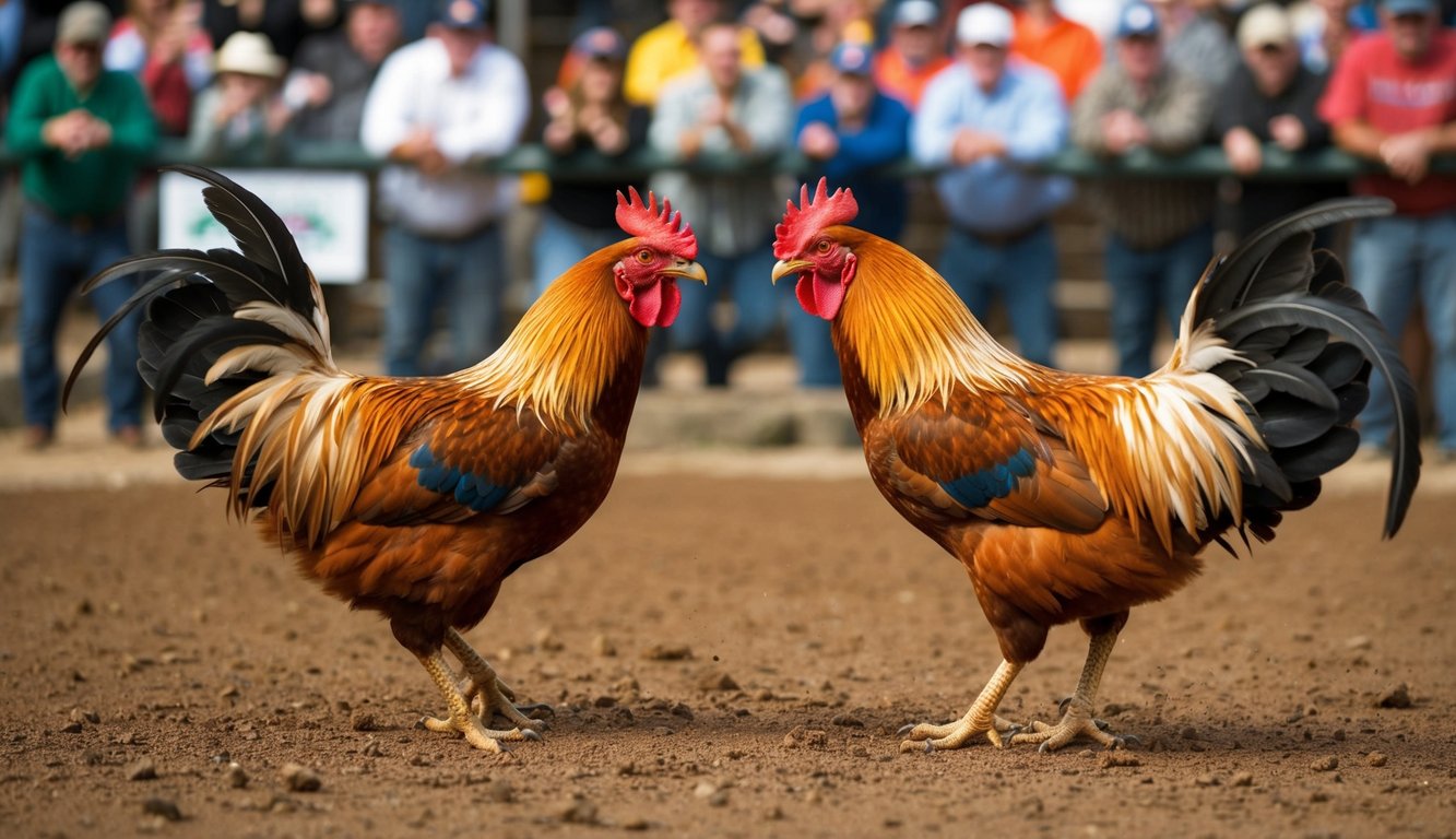 Dua ayam jantan berhadapan di sebuah lubang tanah yang dikelilingi oleh penonton yang bersorak-sorai