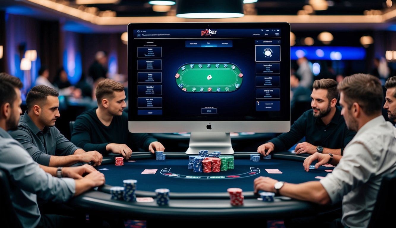 Sekelompok meja poker dikelilingi oleh pemain, chip, dan kartu, dengan platform poker online yang ramping dan modern ditampilkan di layar besar