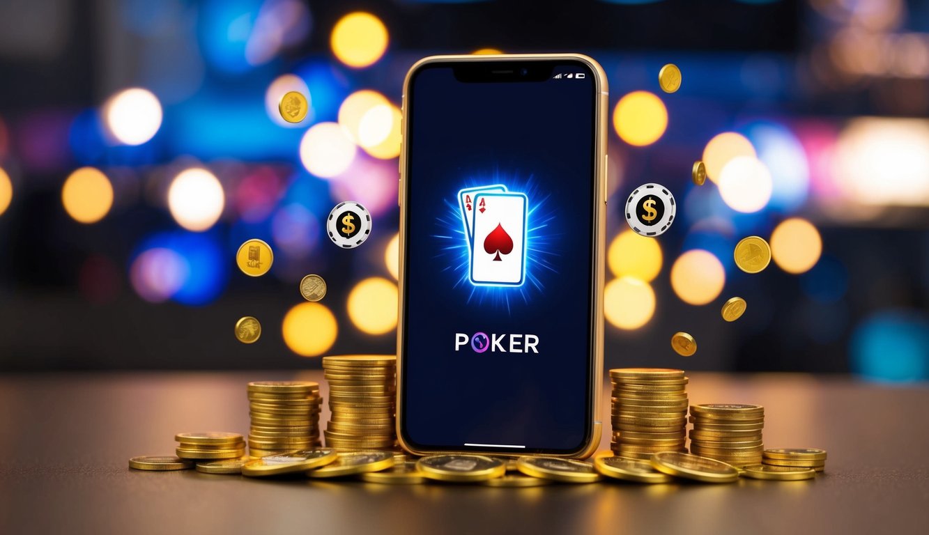 Sebuah smartphone dengan layar yang bersinar menampilkan aplikasi poker, dikelilingi oleh koin yang berserakan dan ikon setoran seluler yang berdenyut.