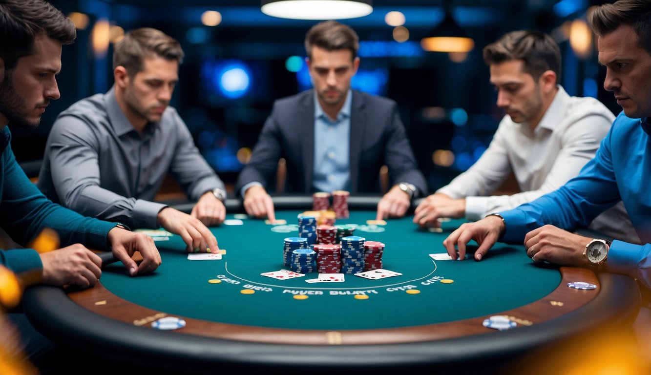 Meja poker dengan kartu dan chip digital, dikelilingi oleh pemain yang intens dalam pengaturan virtual