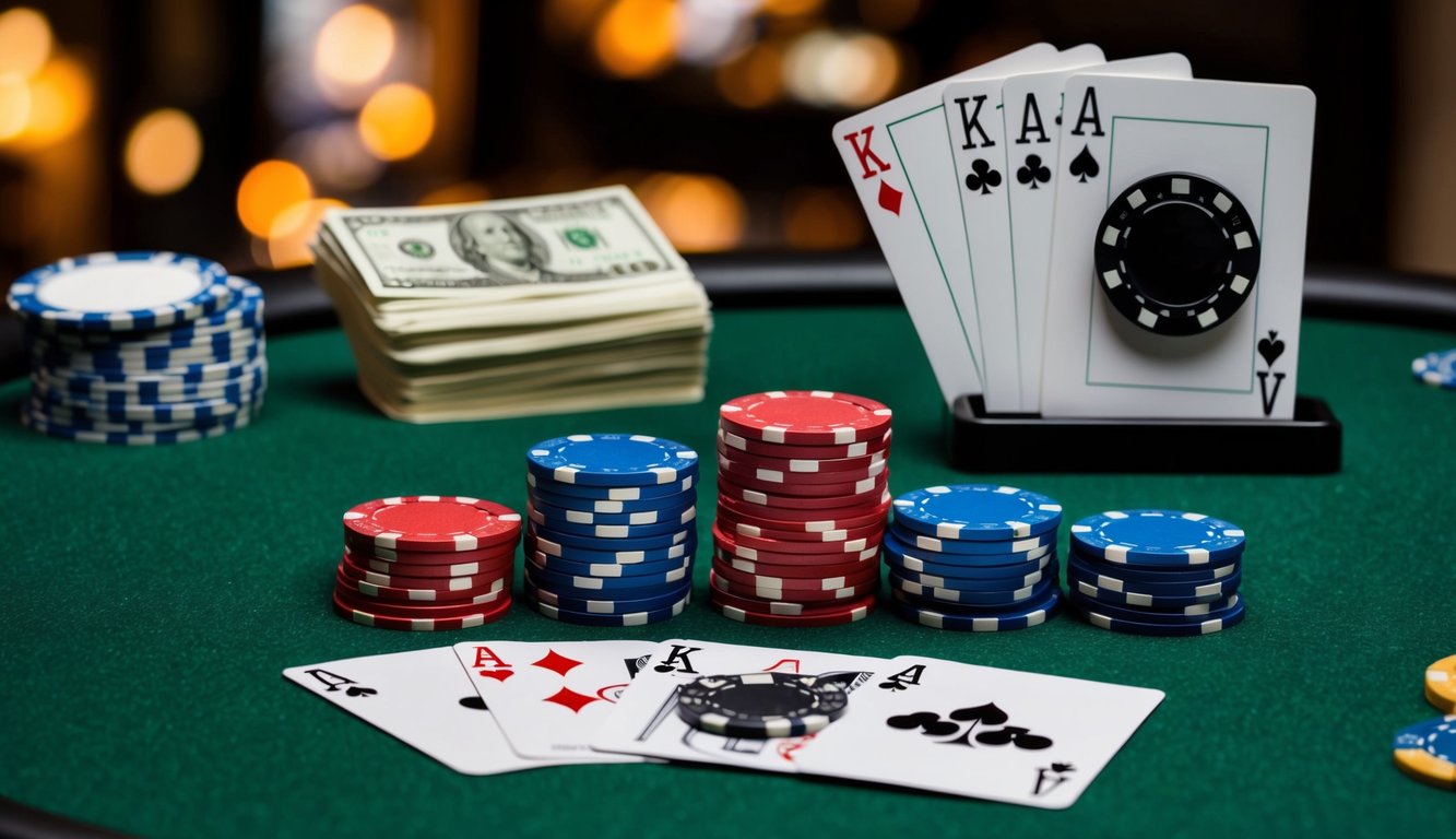 Sekelompok chip poker dan kartu remi yang disusun di atas meja felt hijau, dengan tombol dealer dan tumpukan uang tunai di latar belakang