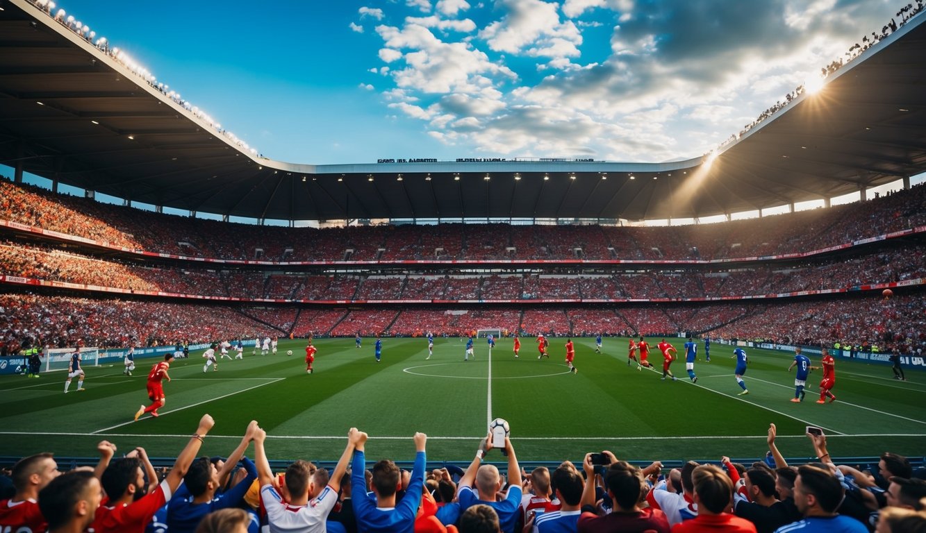 Sebuah stadion sepak bola yang dipenuhi dengan para penggemar yang bersorak dan pemain di lapangan