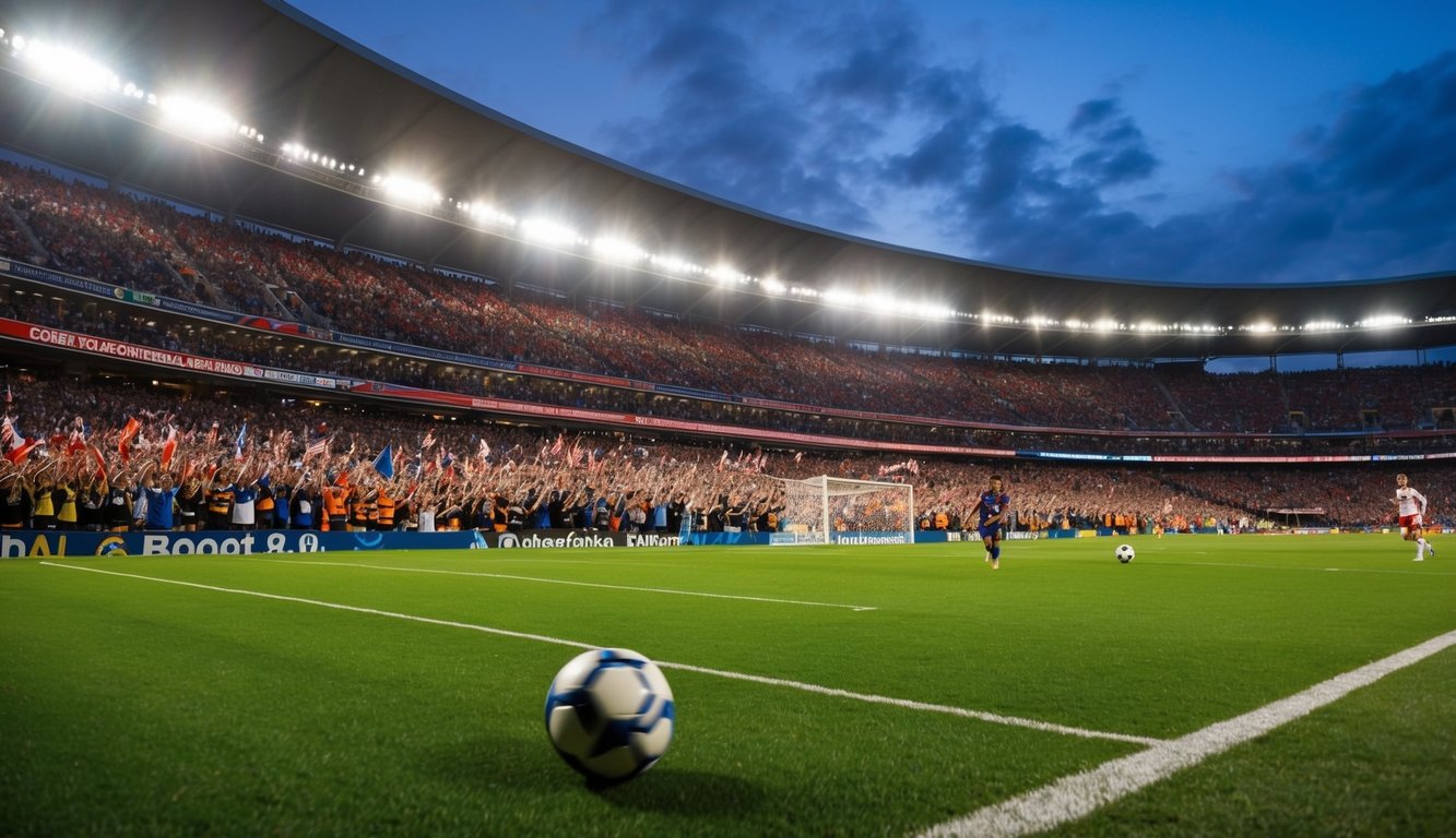 Sebuah stadion yang ramai dengan penggemar yang bersorak dan bola sepak yang bergerak di lapangan