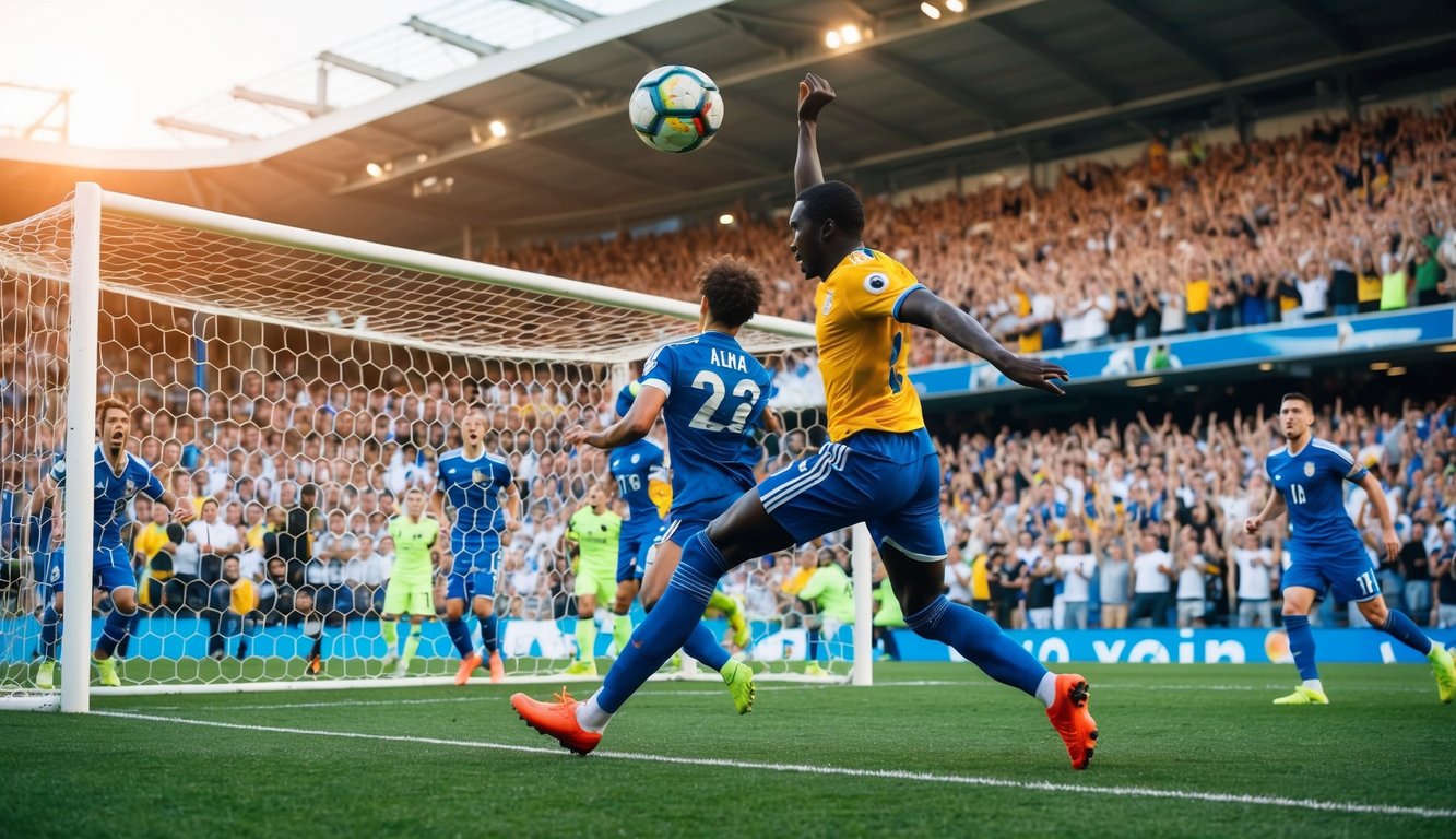 Sebuah bola sepak terbang ke gawang, dikelilingi oleh penggemar yang bersorak di stadion