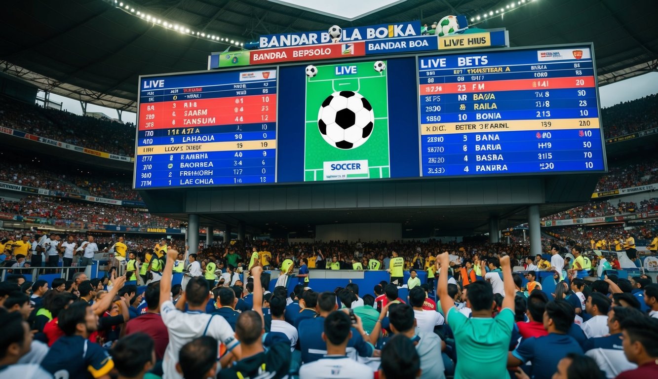 Sebuah stadion yang ramai dengan layar besar yang menampilkan odds taruhan langsung untuk pertandingan sepak bola. Para penggemar bersorak dan memasang taruhan di stan bandar bola.