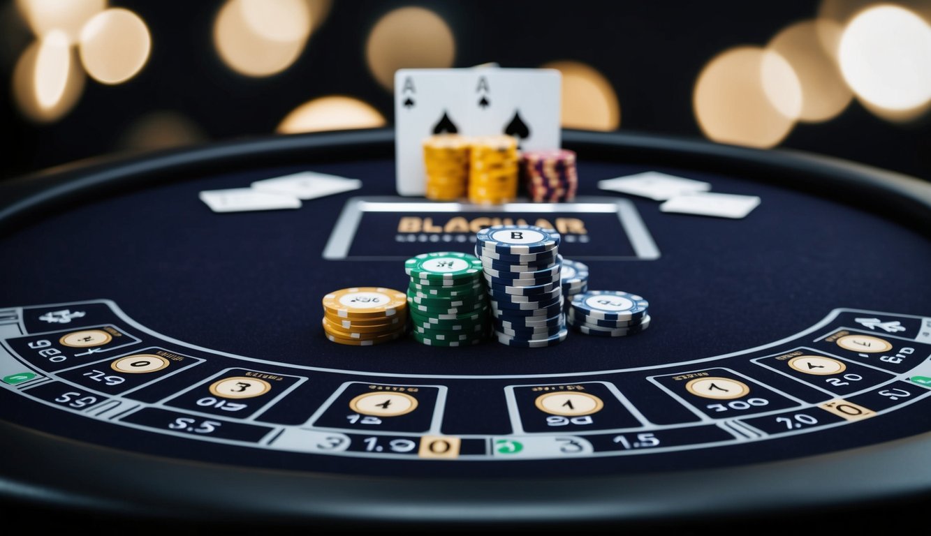 Sebuah meja blackjack online yang ramping dan modern dengan chip dan kartu virtual, diletakkan di latar belakang gelap dengan suasana yang profesional dan canggih