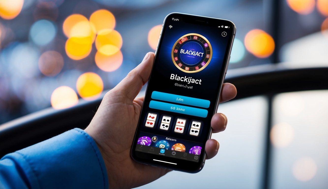 Sebuah smartphone modern yang ramping menampilkan antarmuka aplikasi permainan blackjack dengan warna-warna cerah dan grafik yang tajam