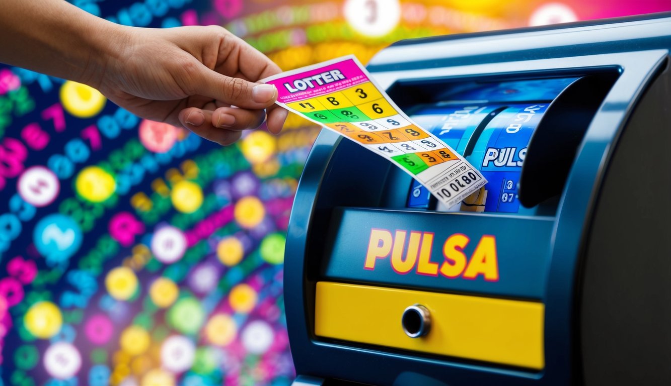 Sebuah tiket lotere berwarna-warni dimasukkan ke dalam slot yang bertanda "pulsa" di tengah latar belakang angka dan simbol yang berputar.