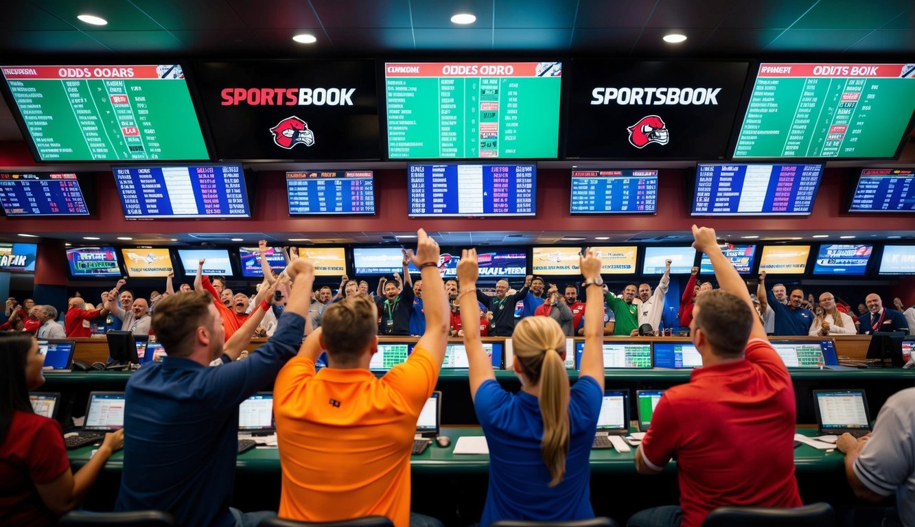 Sebuah sportsbook yang hidup dengan papan odds yang dinamis dan penggemar yang bersorak