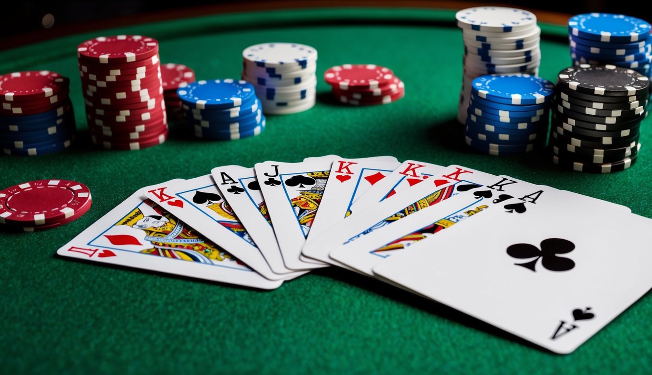 Sekelompok kartu bermain berwarna-warni tersebar di atas meja felt hijau, dengan chip poker yang ditumpuk rapi di latar belakang