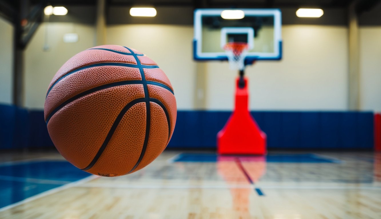 Sebuah bola basket memantul di lapangan dengan ring di latar belakang