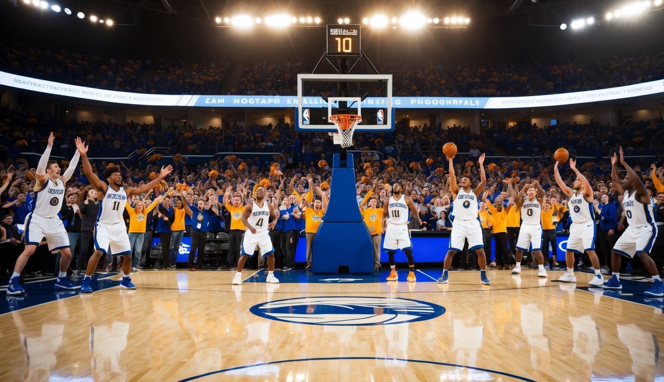 Sebuah lapangan basket dengan ring, dikelilingi oleh penggemar yang bersorak dan pemain yang sedang beraksi