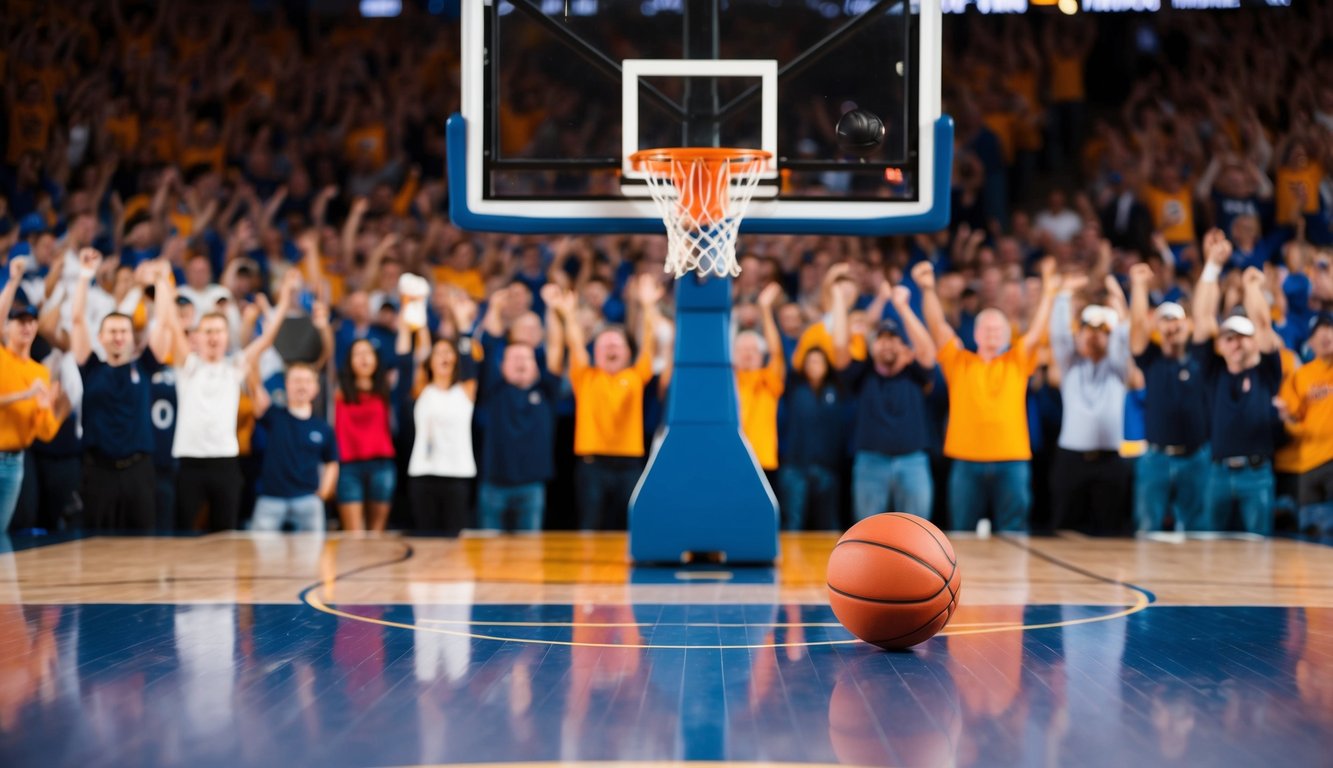 Sebuah lapangan basket dengan ring dan bola basket, dikelilingi oleh penggemar yang bersorak