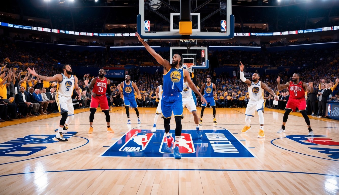 Sebuah lapangan basket dengan logo NBA, pemain yang sedang beraksi, dan penggemar yang bersorak