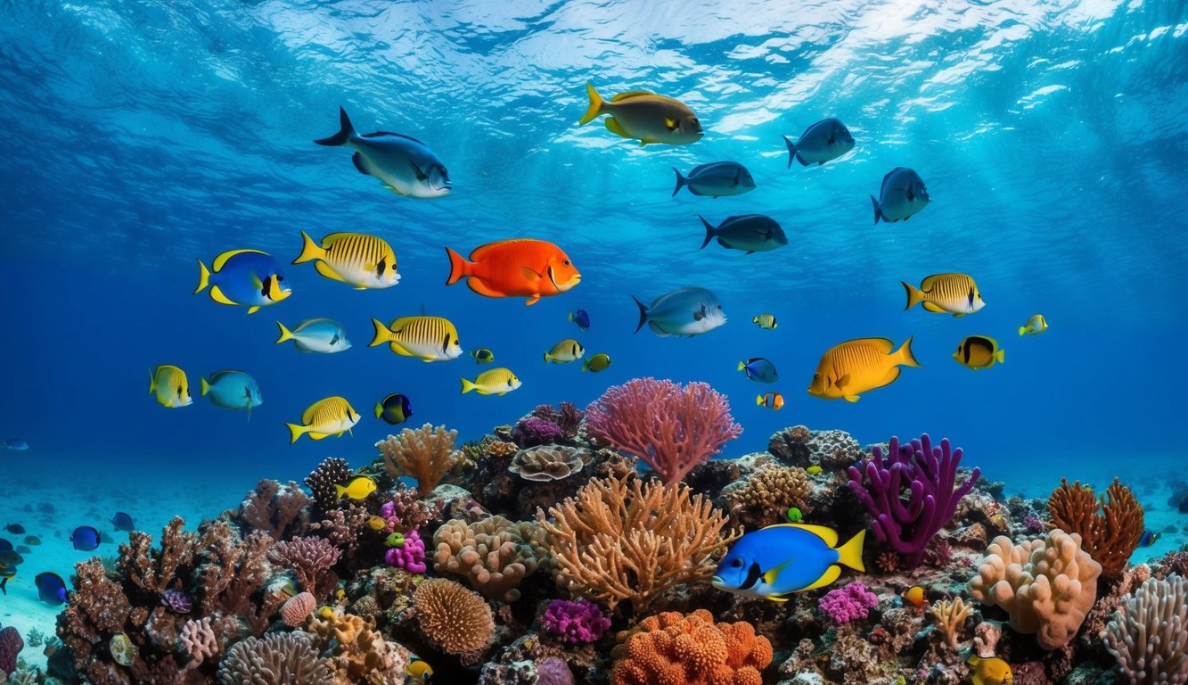 Dunia bawah laut yang hidup dengan ikan berwarna-warni dan terumbu karang, dikelilingi oleh suasana lautan yang tenang