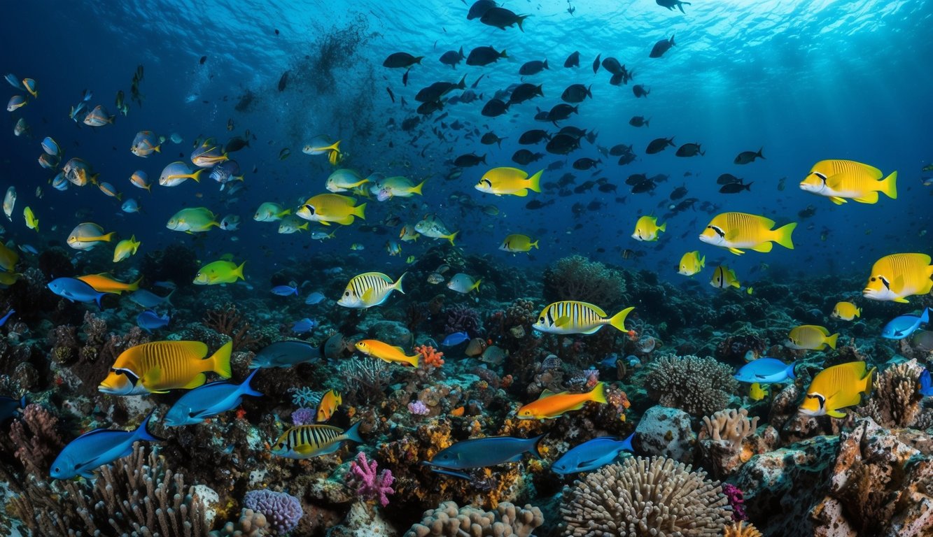 Dunia bawah laut yang kacau dipenuhi dengan makhluk laut yang berwarna-warni dan eksotis yang berenang di tengah kegilaan menembak dan berburu