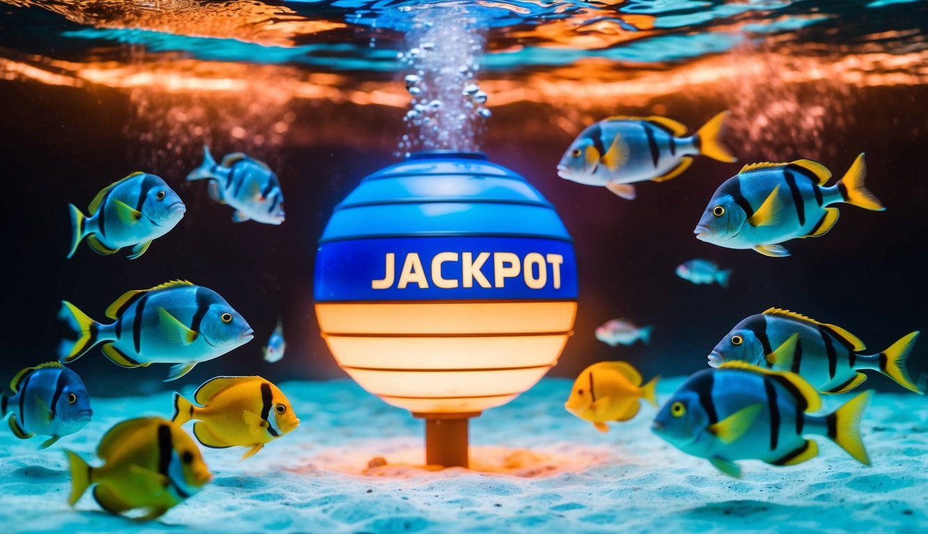 Sebuah pemandangan bawah laut yang berwarna-warni dengan berbagai spesies ikan yang berenang di sekitar jackpot besar yang bersinar