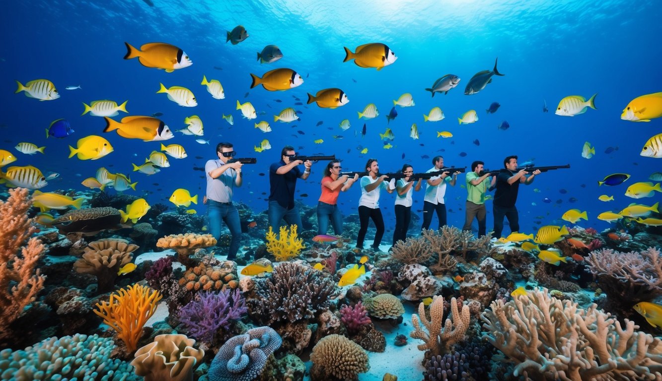 Sebuah dunia bawah laut yang ramai dengan ikan berwarna-warni, terumbu karang, dan tanaman akuatik, dengan sekelompok orang yang sedang bermain permainan tembak-menembak