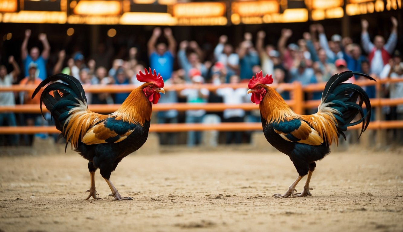 Sebuah arena sabung ayam dengan dua ayam jantan yang berhadapan sementara penonton bersorak di latar belakang