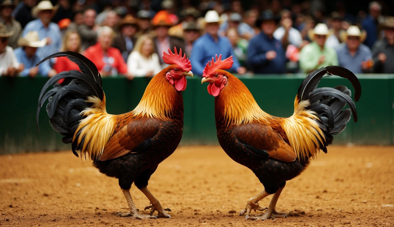 Dua ayam jantan berhadapan di arena yang ramai dengan lantai tanah sementara para penonton bersorak dan memasang taruhan pada hasilnya