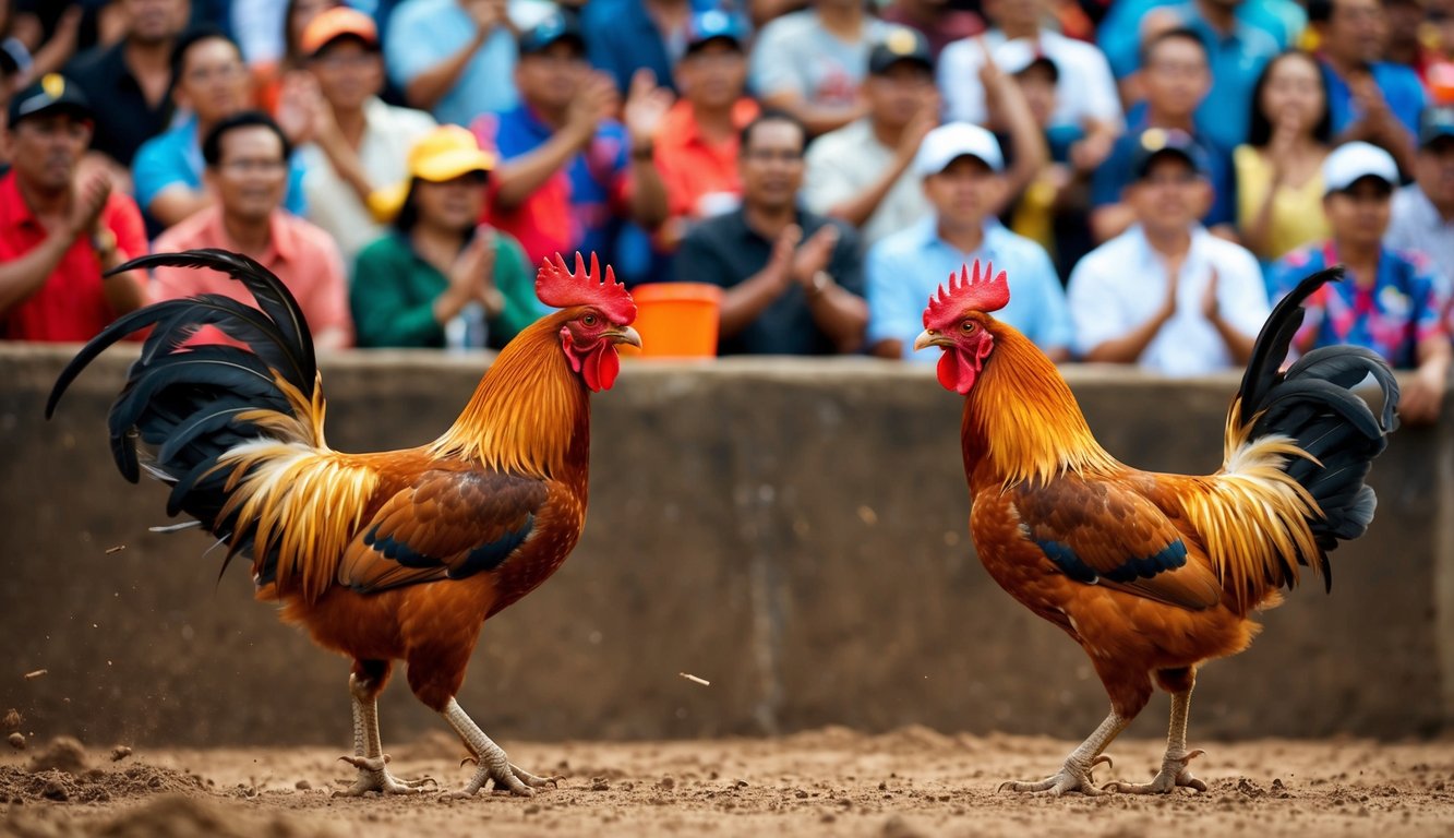 Dua ayam jantan berhadapan di sebuah lubang tanah dengan kerumunan penonton bersorak dan menonton acara sabung ayam yang disiarkan langsung.