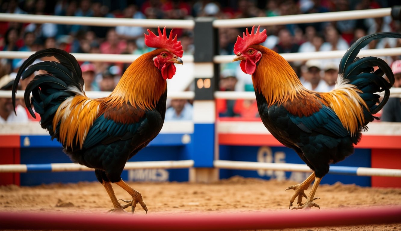 Dua ayam jantan berhadapan di arena sabung ayam, dikelilingi oleh kerumunan penonton dan stasiun taruhan