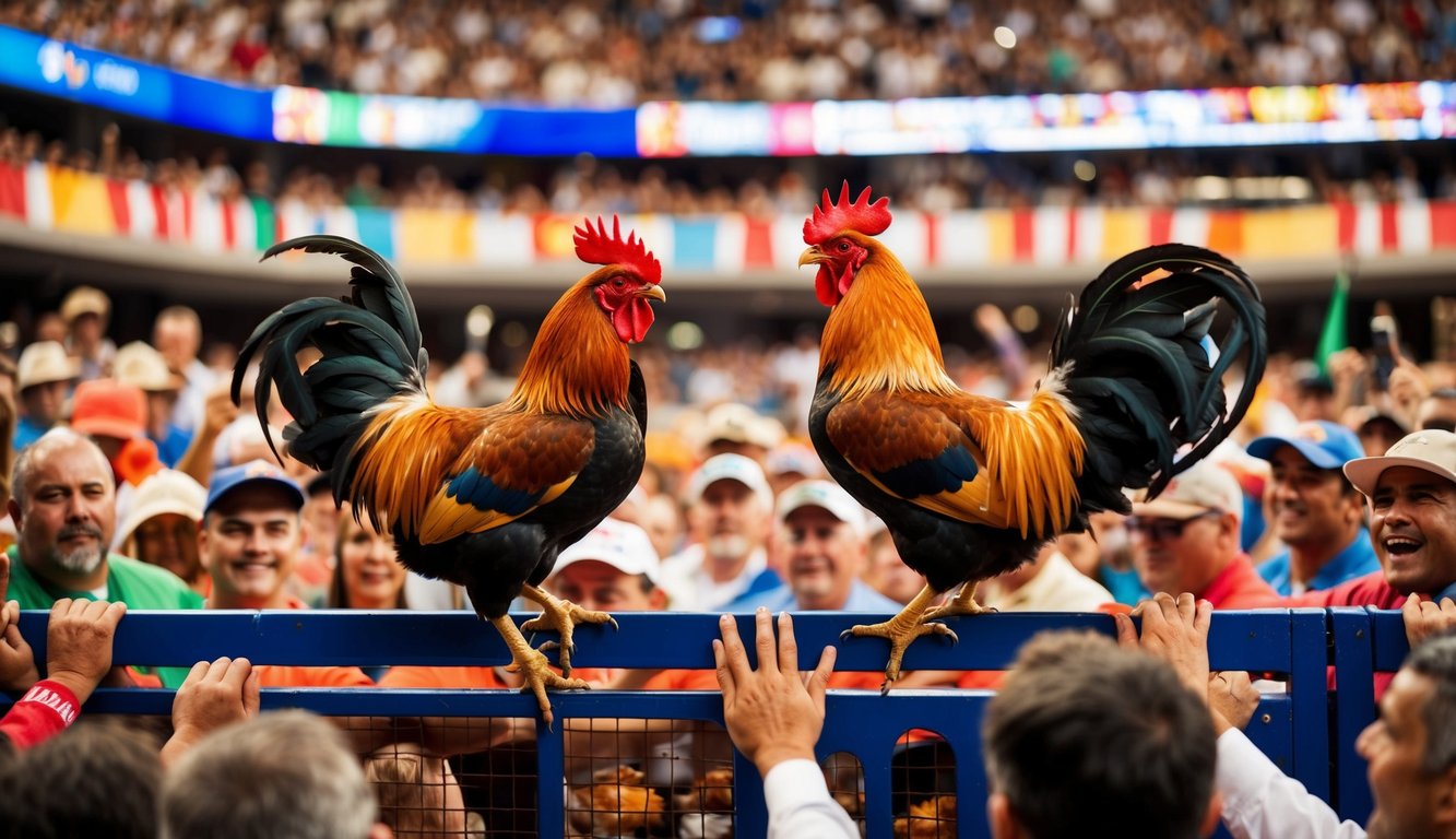 Sebuah arena yang ramai dengan dua ayam jantan yang berhadapan dalam pertempuran yang sengit, dikelilingi oleh penonton yang bersorak-sorai dan spanduk berwarna-warni