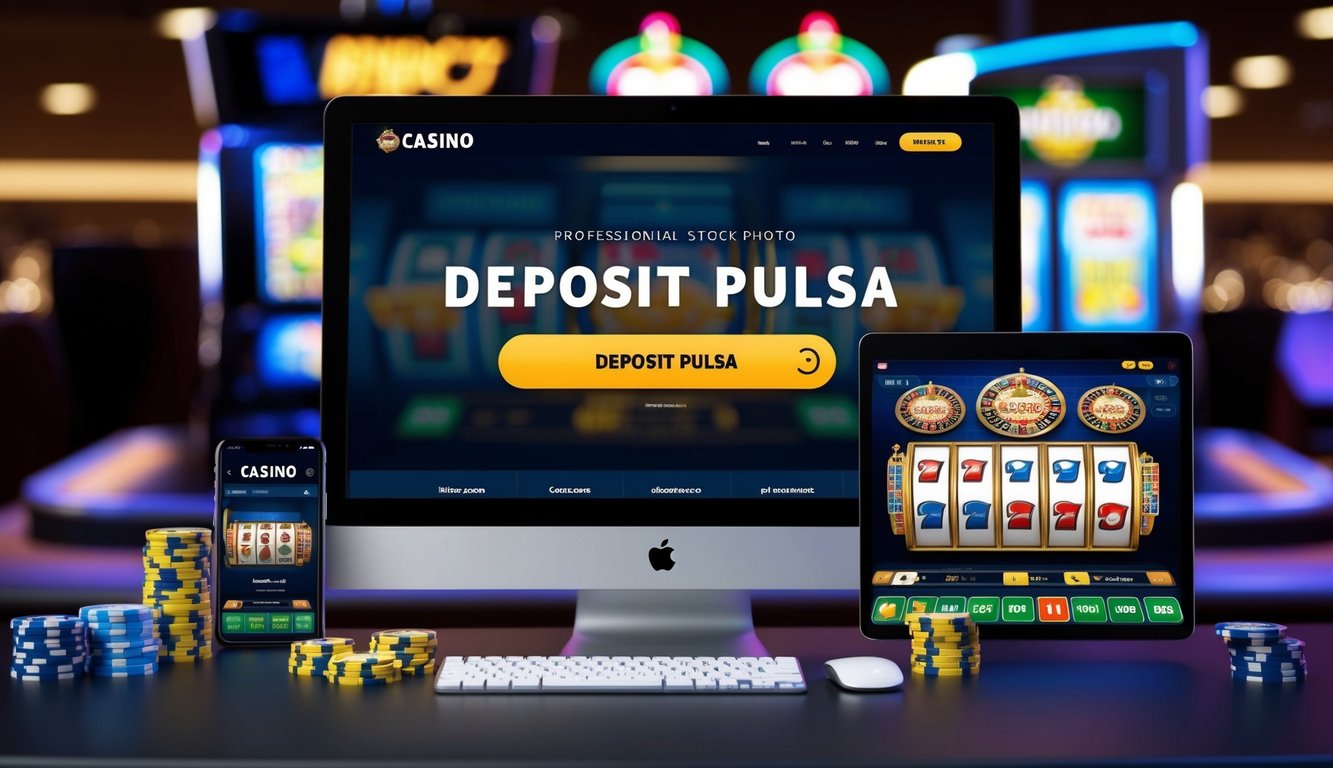 Sebuah perangkat digital yang menampilkan situs web kasino dengan tombol "Deposit Pulsa", dikelilingi oleh mesin slot virtual dan permainan kartu.