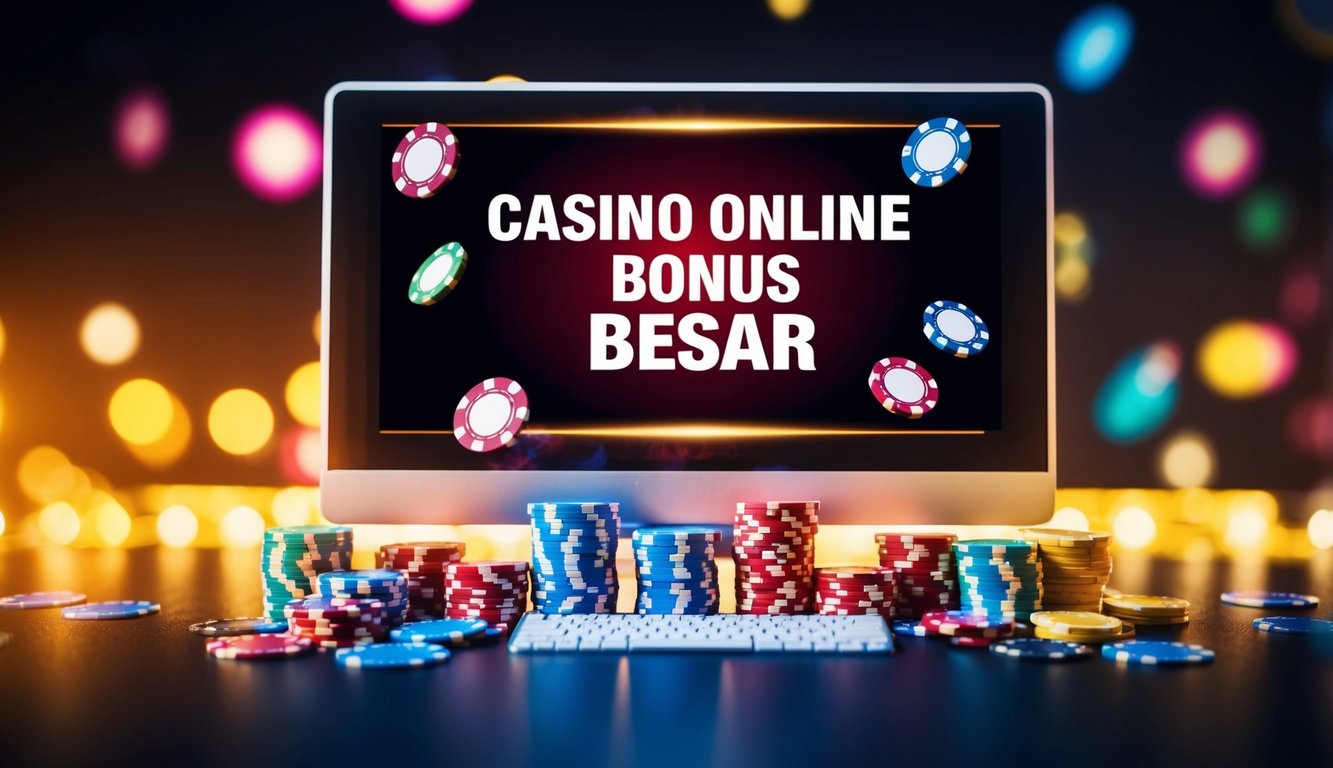 Chip kasino berwarna-warni dan kartu berserakan di sekitar layar komputer yang bersinar dengan kata-kata "Casino Online Bonus Besar" ditampilkan dengan jelas