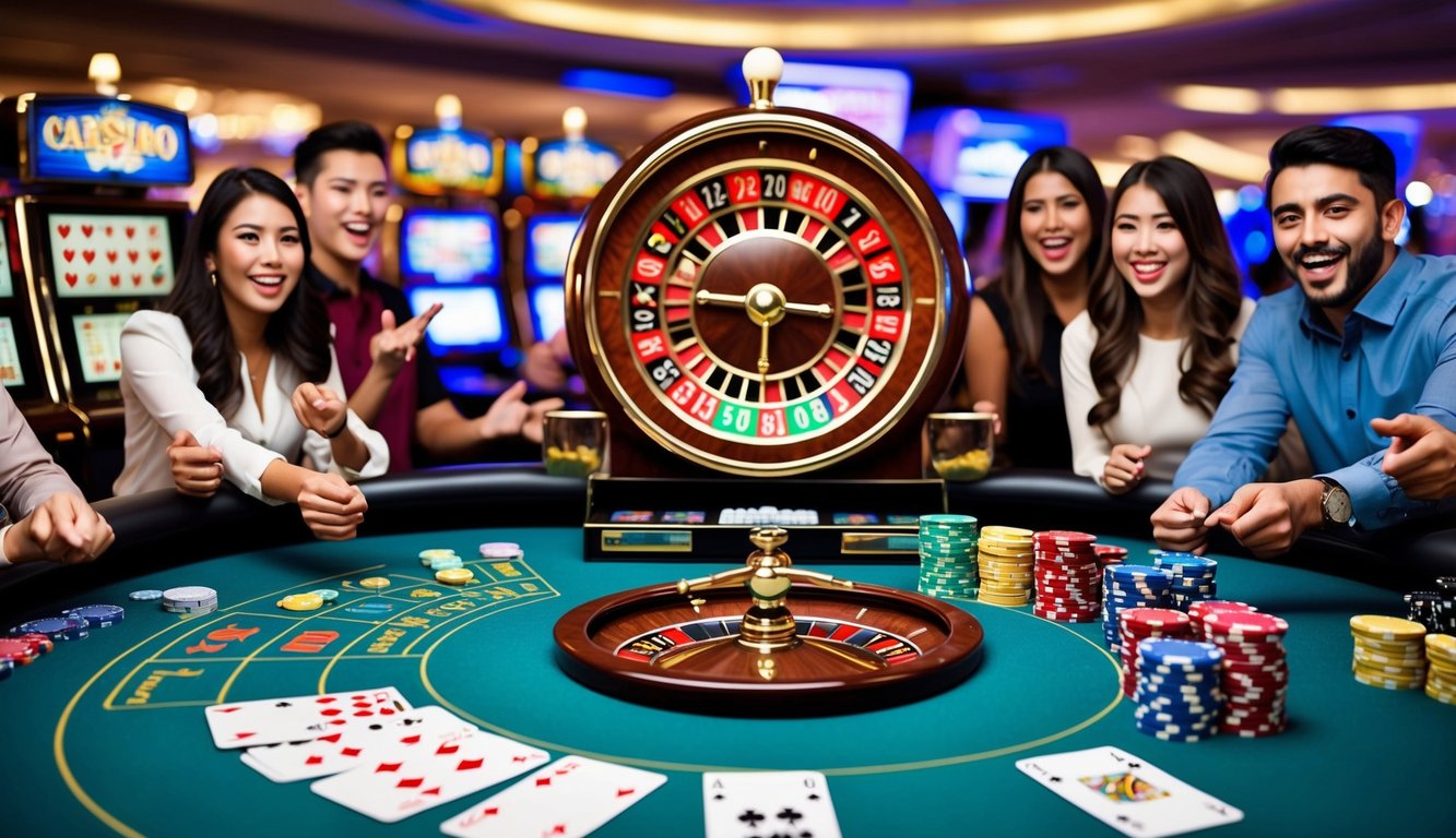 Sebuah suasana kasino online yang hidup dengan mesin slot berwarna-warni, kartu permainan, dan roda roulette yang dikelilingi oleh pemain yang bersemangat