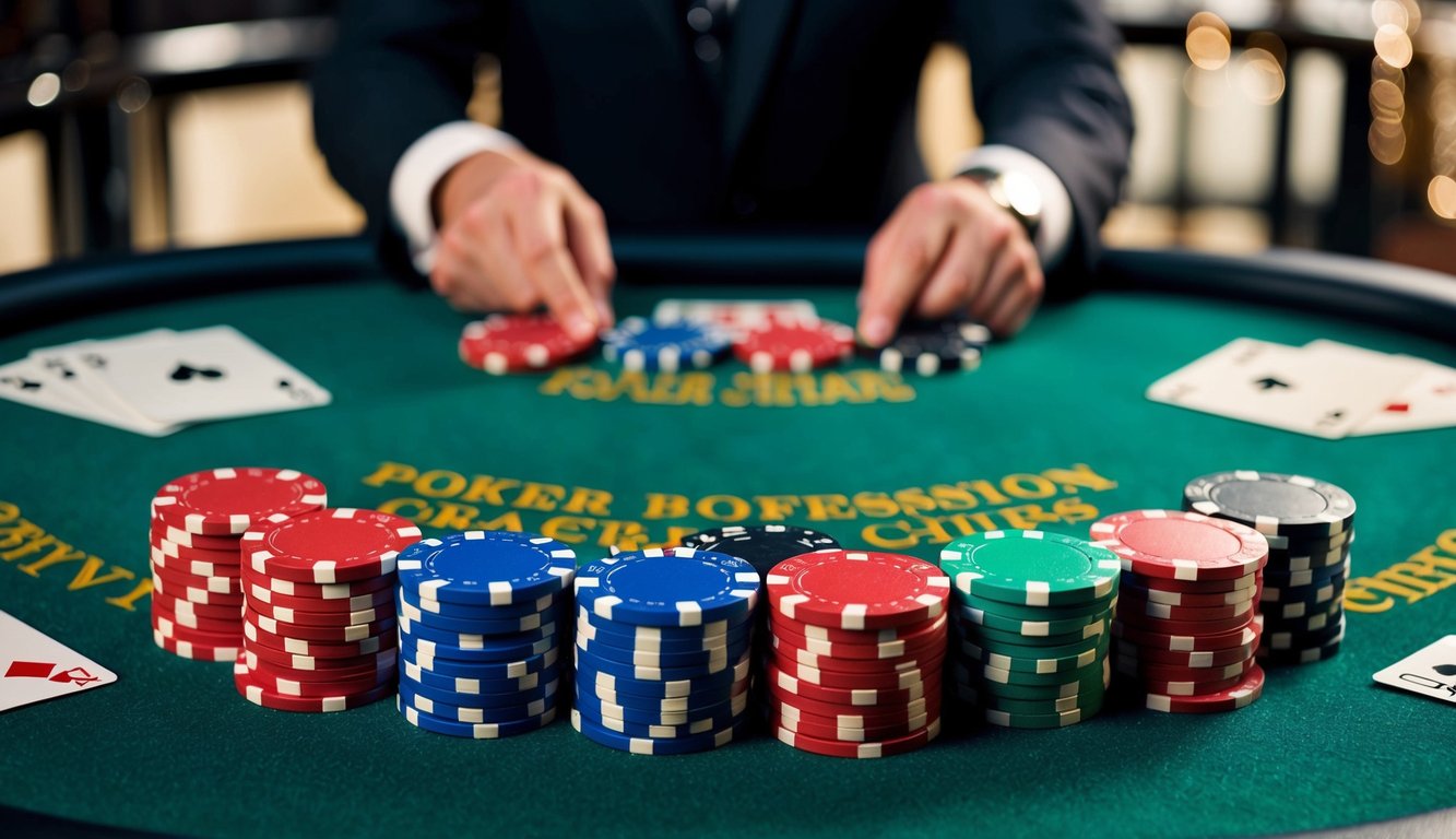 Sekelompok chip poker yang disusun di atas meja felt hijau, dikelilingi oleh kartu permainan dan tombol dealer