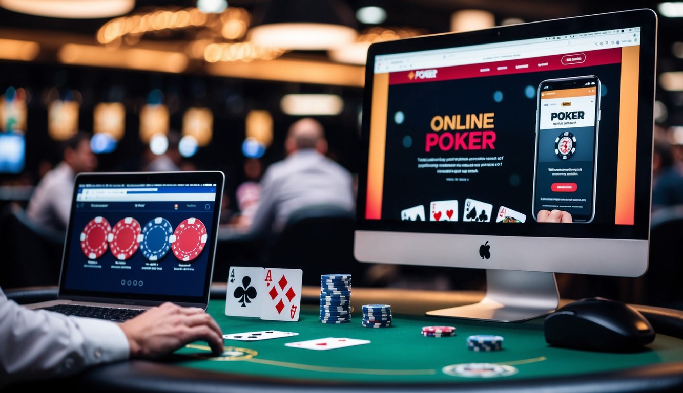 Sebuah meja poker dengan kartu, chip, dan layar komputer yang menampilkan situs web poker online