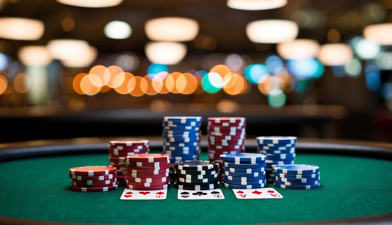 Sekelompok chip poker dan kartu yang disusun di atas meja felt hijau