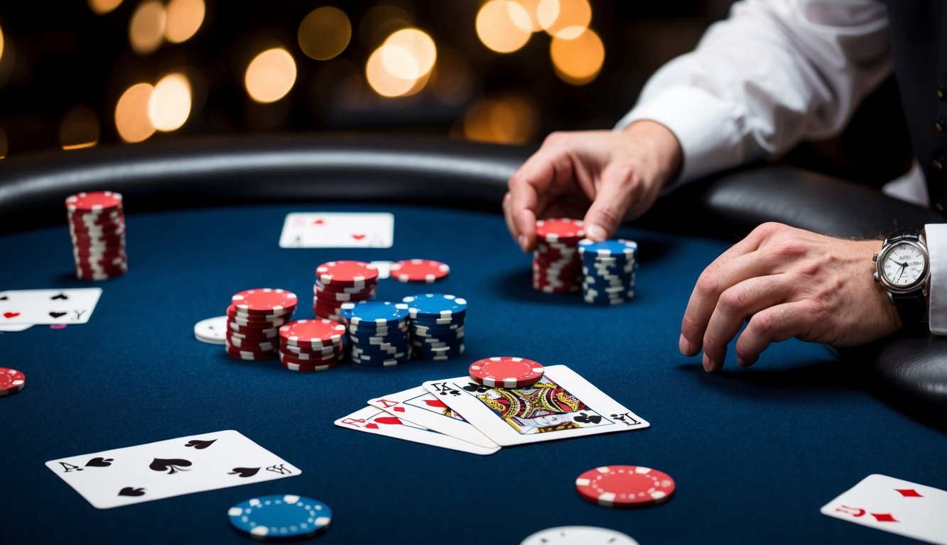 Meja poker dengan kartu, chip, dan dealer