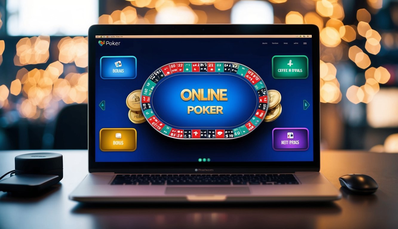 Sebuah layar digital yang menampilkan permainan poker online yang berwarna-warni dan penuh semangat dengan fitur bonus dan antarmuka yang ramping