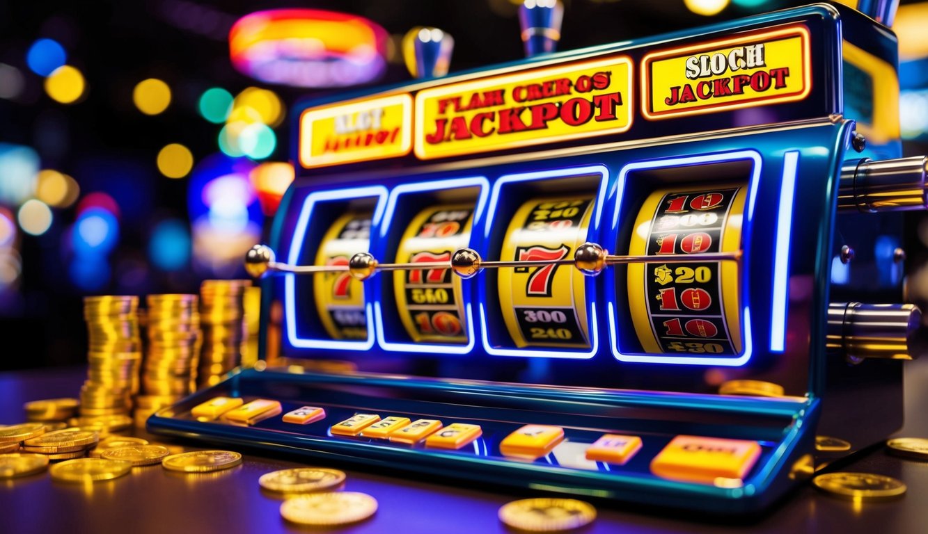 Mesin slot berwarna cerah dengan lampu berkedip dan gulungan berputar. Koin dan simbol jackpot tersebar di sekitarnya.