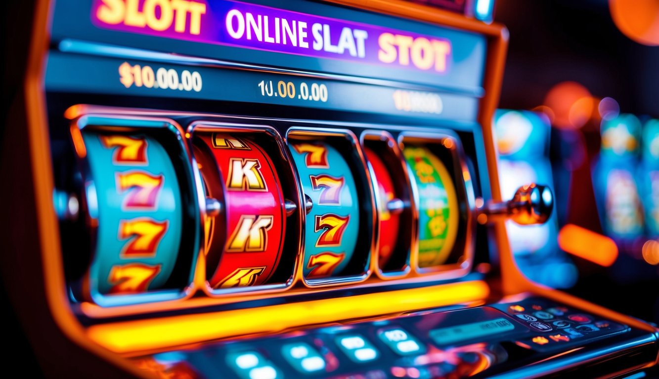 Mesin slot online yang hidup dengan lampu yang bersinar dan gulungan yang berputar