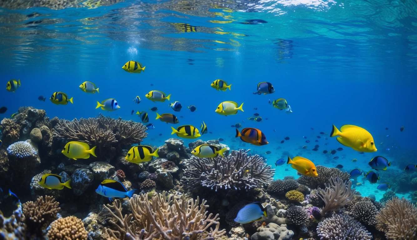 Sebuah pemandangan bawah air yang tenang dengan ikan berwarna-warni berenang di sekitar terumbu karang, dikelilingi oleh air yang jernih.