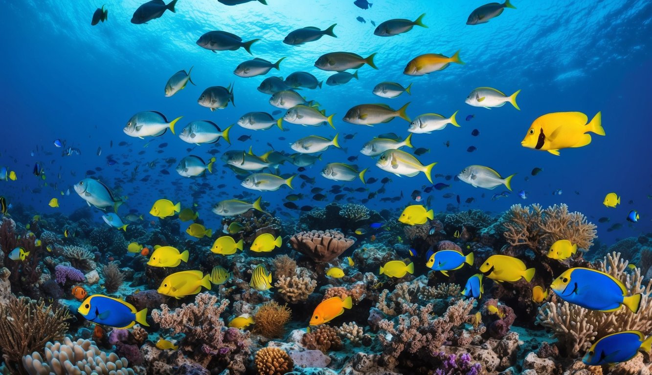 Sebuah dunia bawah laut yang ramai dengan ikan berwarna-warni, terumbu karang, dan berbagai makhluk laut