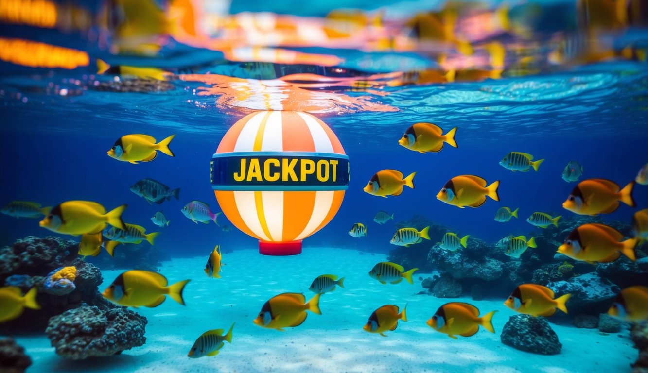 Sebuah pemandangan bawah laut yang berwarna-warni dengan berbagai ikan yang berenang di sekitar jackpot besar yang bersinar