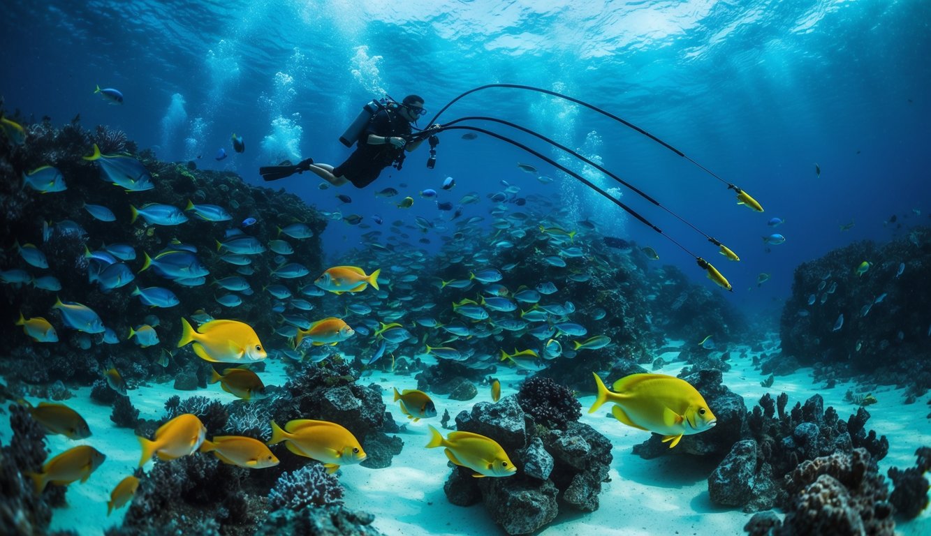 Sebuah dunia bawah laut yang ramai dengan ikan berwarna-warni, arus yang berputar, dan harpoon yang meluncur