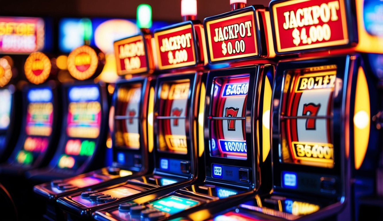 Mesin slot berwarna-warni dengan lampu berkedip dan gulungan berputar, menampilkan hadiah jackpot terbesar