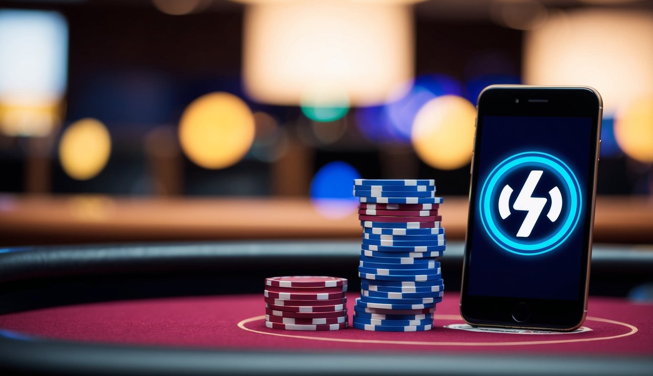 Sebuah smartphone dengan ikon sinyal berdenyut di samping tumpukan chip poker di meja kasino