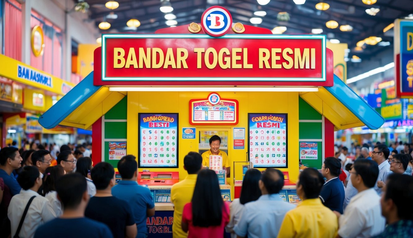 Sebuah stan tiket lotere yang berwarna-warni dan hidup dengan papan besar yang menampilkan "Bandar Togel Resmi" dikelilingi oleh pelanggan yang bersemangat