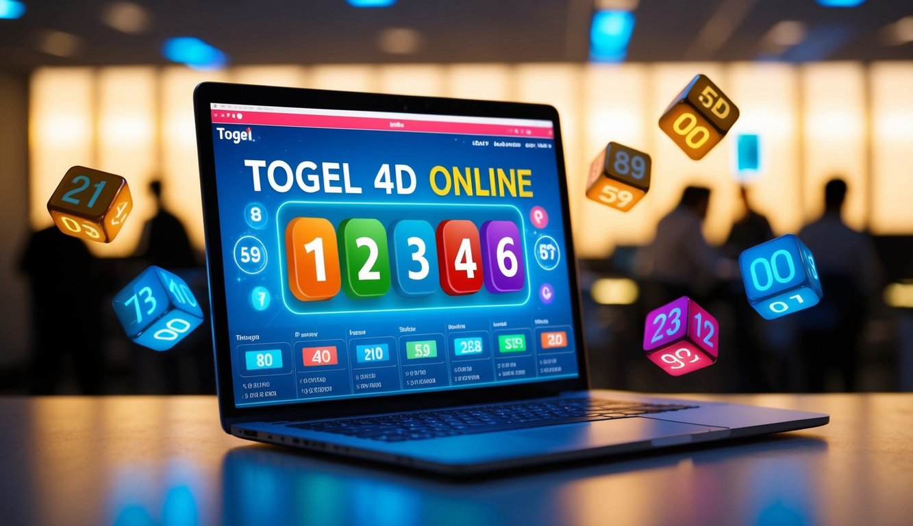 Antarmuka digital yang bersinar menampilkan Togel 4D Online dengan grafik berwarna-warni dan angka-angka yang mengapung di sekitar