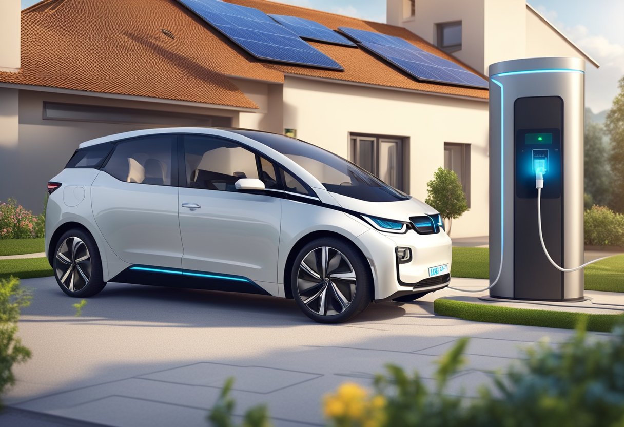 Um carro elétrico moderno conectado a uma estação de carregamento doméstica, com energia fluindo do veículo para alimentar a casa. Fontes de energia renovável são visíveis ao fundo.