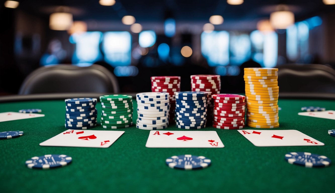 Sekelompok chip poker dan kartu yang disusun di atas meja felt hijau, dengan kursi pemain kosong