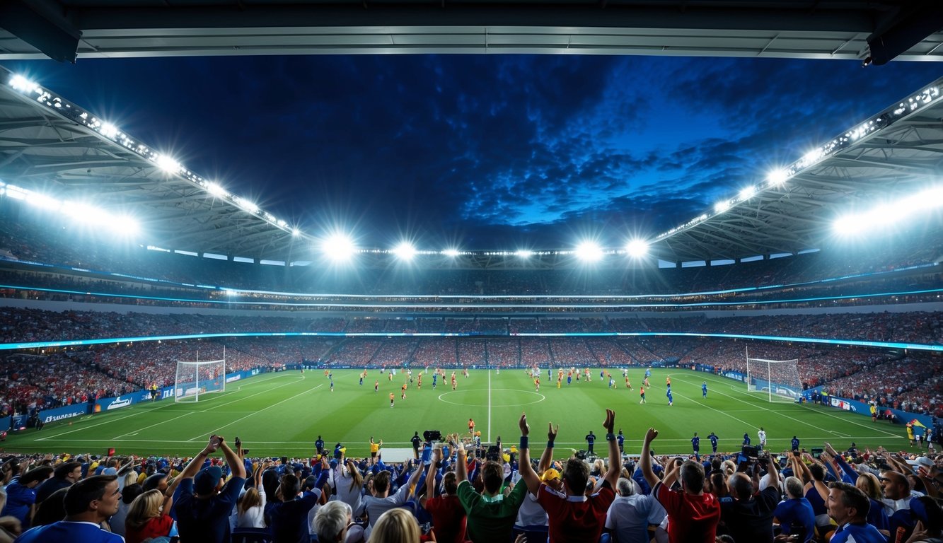 Sebuah stadion olahraga yang ramai dengan penggemar yang bersorak, diterangi oleh lampu stadion yang terang, dan pemain yang berkompetisi di lapangan