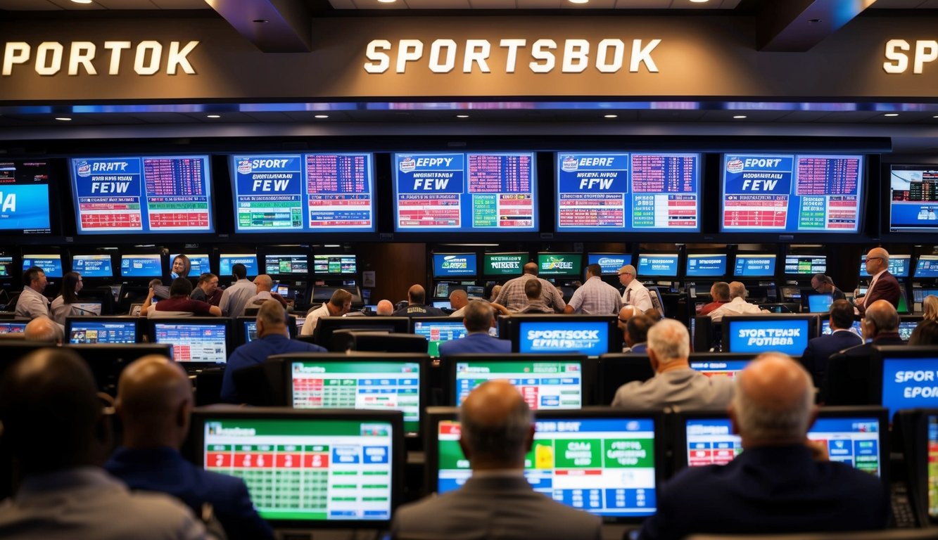 Sebuah sportsbook yang ramai dengan banyak layar dan jendela taruhan