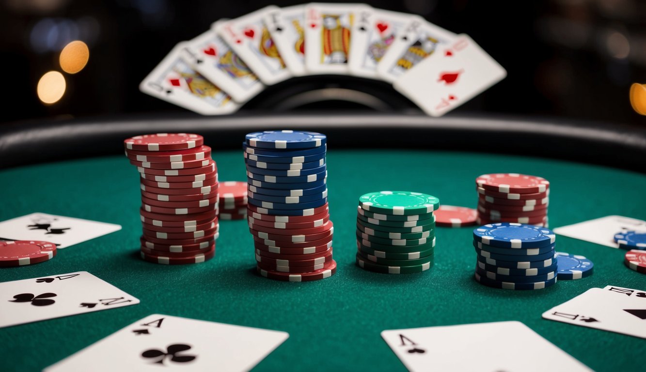 Sekelompok chip poker tersebar di atas meja felt hijau, dengan kartu yang disebar di latar belakang